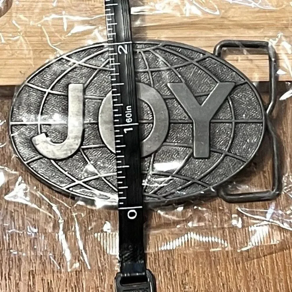 VTG Joy Mining Belt Buckle Pewter Tone Gray Metal Oval Globe Company Logo Mens